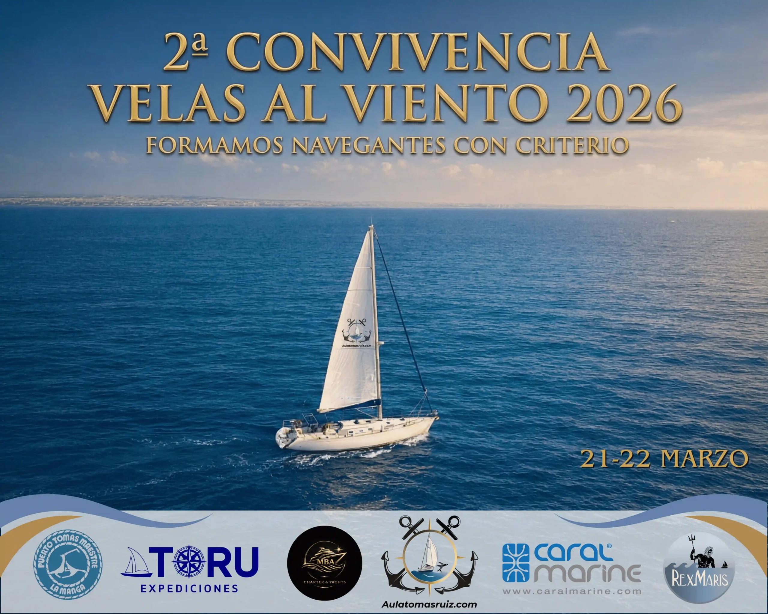 Cartel oficial de la 2ª Convivencia Velas al Viento 2026 con velero navegando en el mar y fecha 21-22 de marzo.